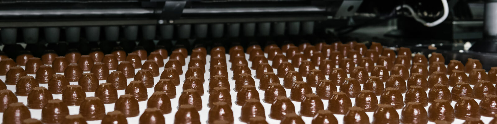 chocolate toppings on the conveyor of a confectionery factory close-up