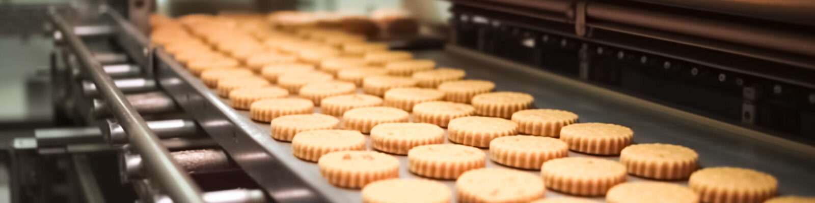 Production line of baking cookies. Biscuits on conveyor belt in