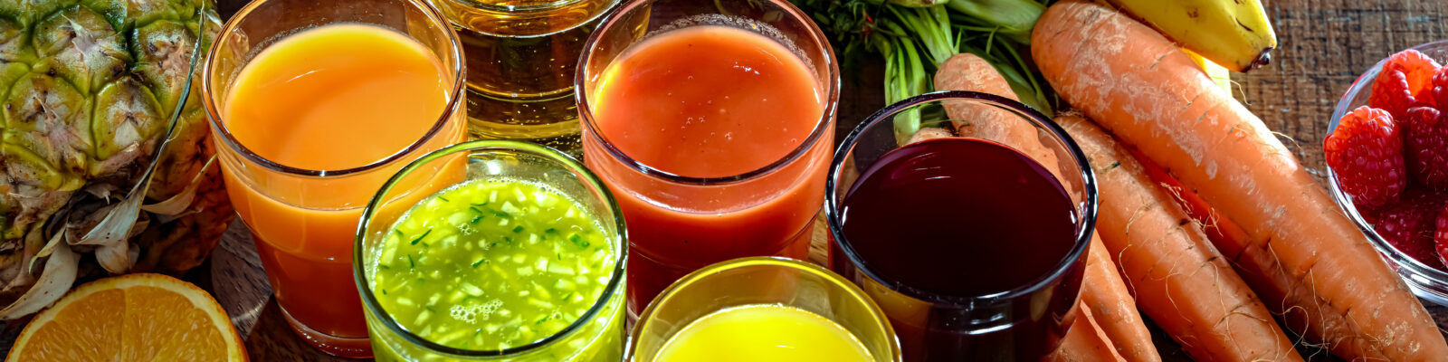 Glasses with fresh organic vegetable and fruit juices