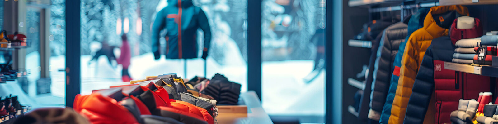 Modern sports store selling winter clothing and accessories at ski resort with view of snowy trees through window. Winter sports gear shopping, preparation for outdoor activities, skiing vacations