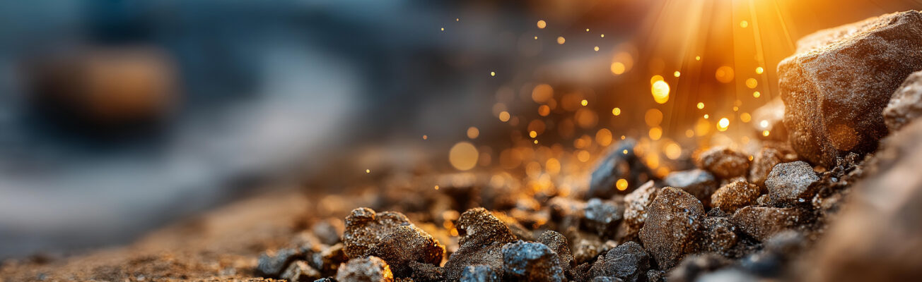 Soft focus foreground of open pit gold mining site, precious met